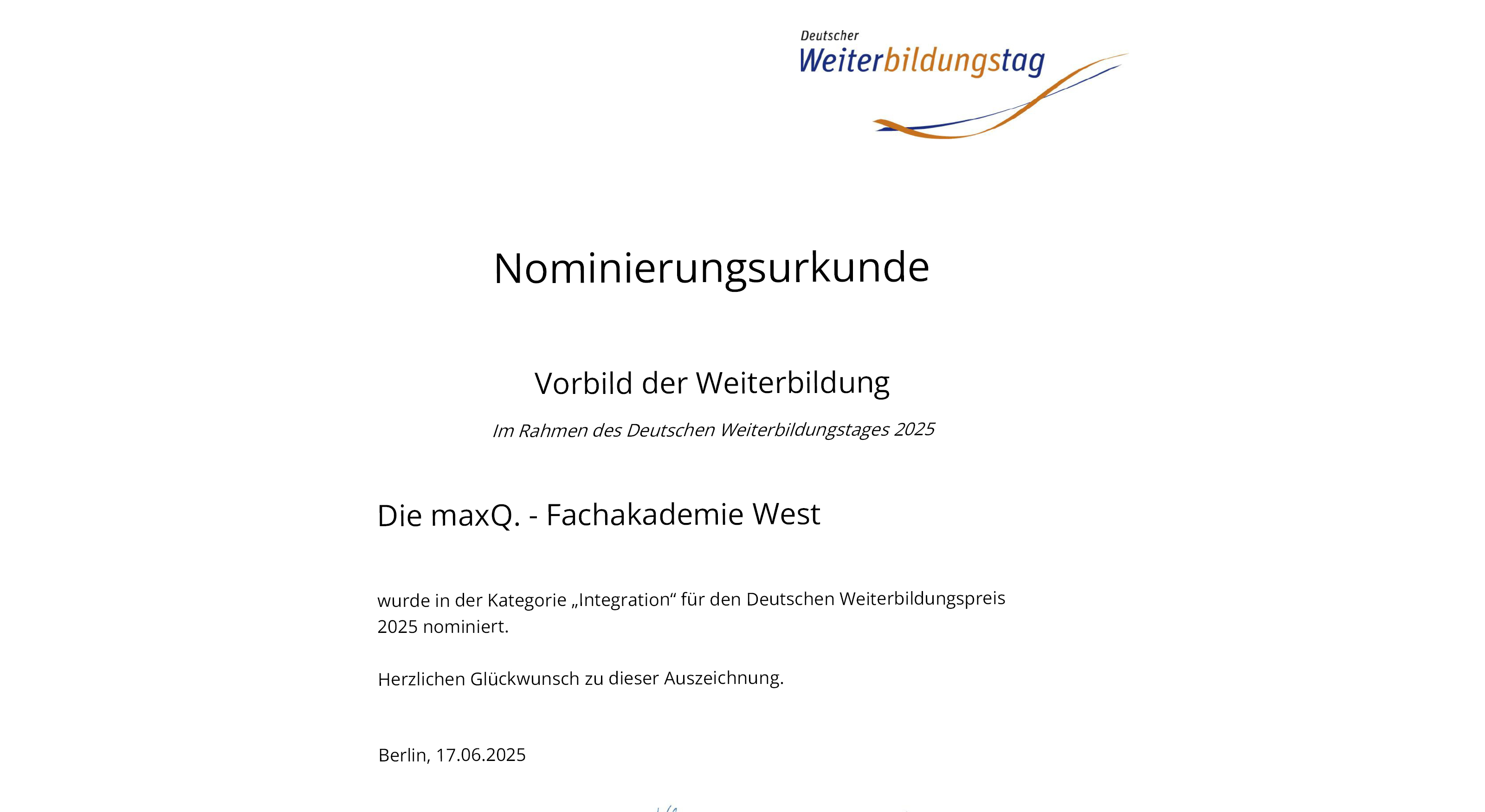 Nominierungsurkunde maxQ Fachakademie HP
